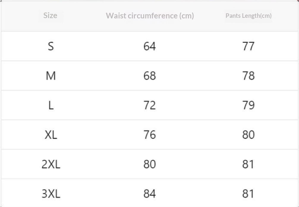 Size chart for harem jeans high waisted drawstring denim pants showing waist circumference and length measurements in centimeters for sizes s to 3xl.