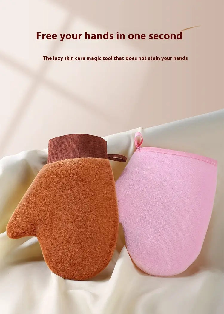 brown and pink soft-textured tanning mitt and exfoliating bath gloves with fabric wrist straps designed for effective skin exfoliation and tanning application