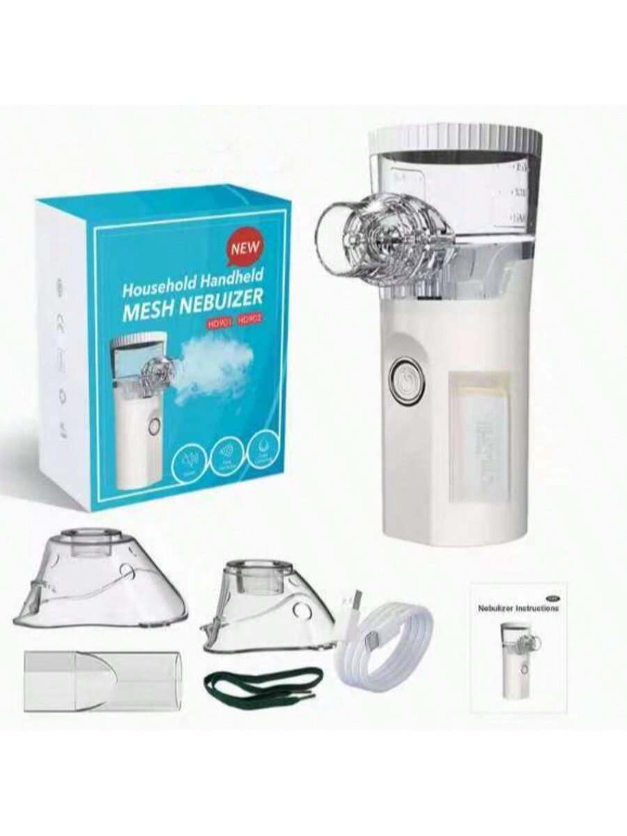White handheld mesh nebulizer with transparent glass components and clear measurement scale on the top chamber for portable rechargeable nano mist facial hydration.