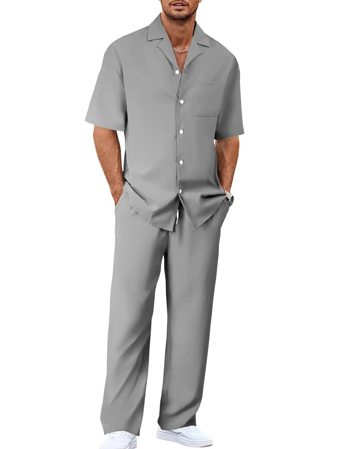 Men short sleeve casual suit set featuring a gray short-sleeved button-up shirt with a collar and chest pocket.