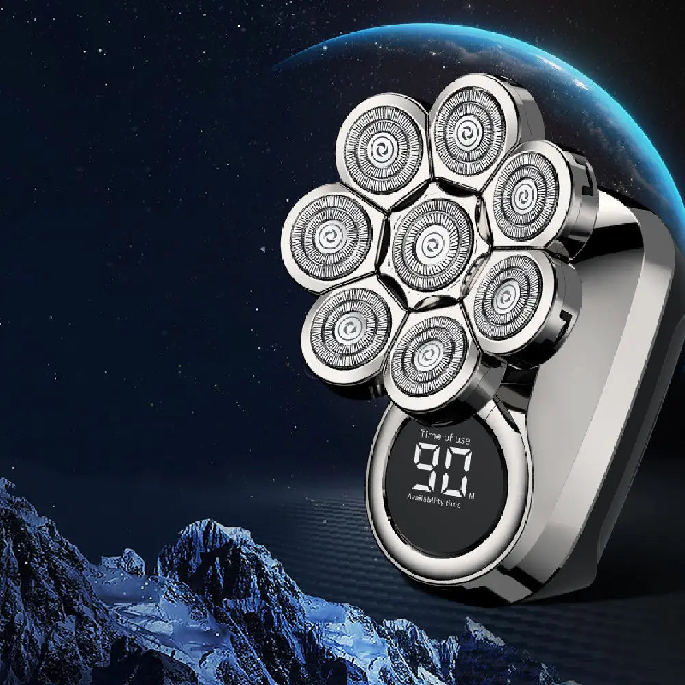 Silver 8-in-1 electric head shaver with seven circular shaving heads and a digital display indicating 90 minutes of usage time in a waterproof grooming kit.