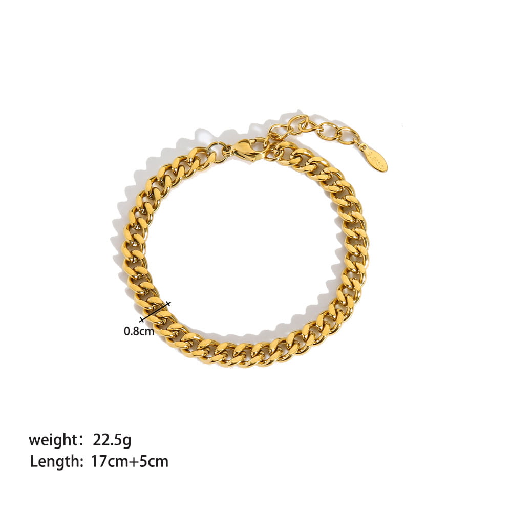 18k gold pvd plated stainless steel chain link bracelet featuring a gold-toned curb chain design with a secure clasp and adjustable extension.