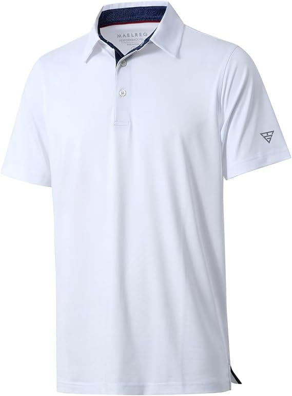 Herren-Golfpolohemd schnell trocknend und atmungsaktiv in Weiß mit navyblauem Innenkragen und dezentem grauem Logo am Ärmel.