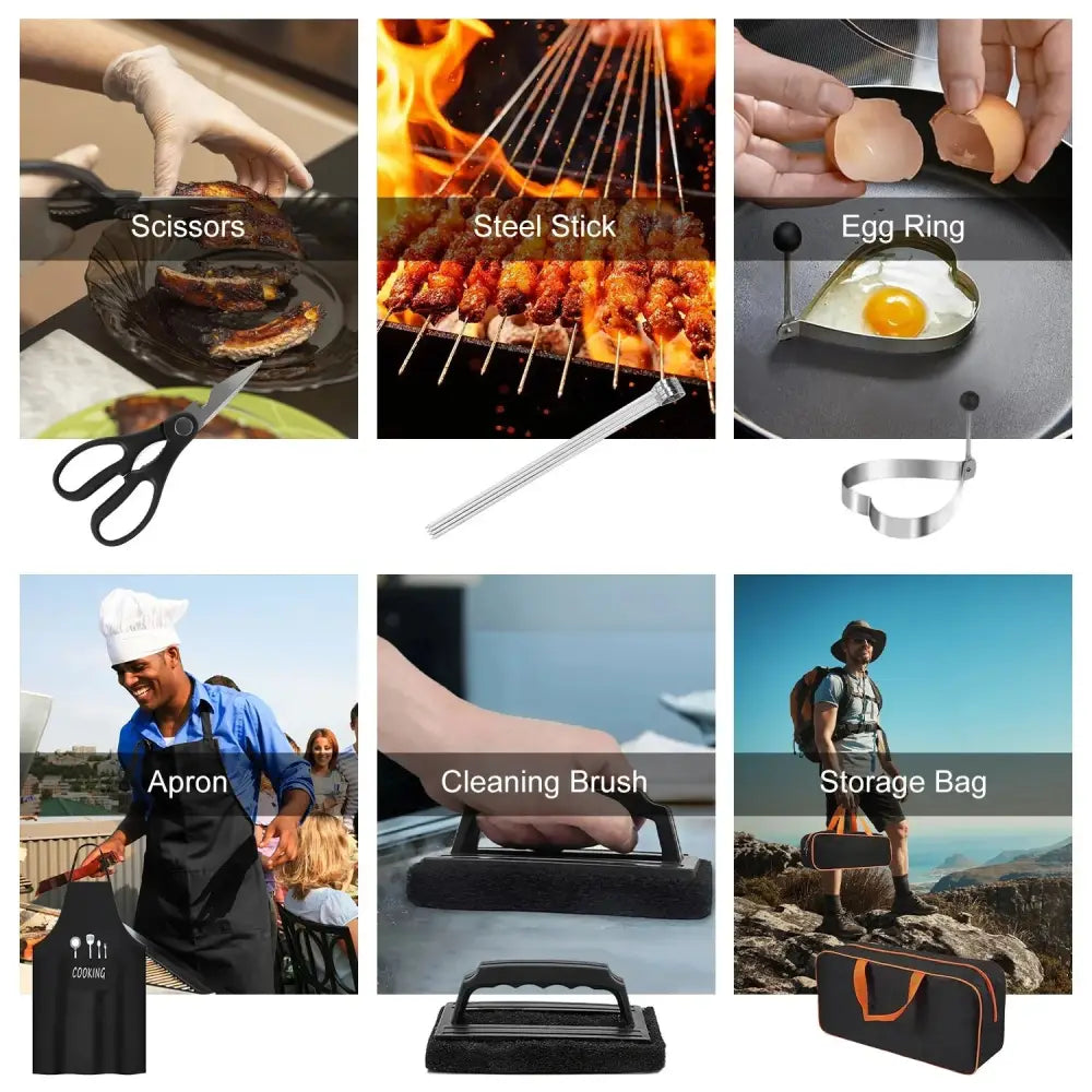 Black apron with white chef hat and cooking text paired with 31 piece stainless steel flat top griddle accessory set