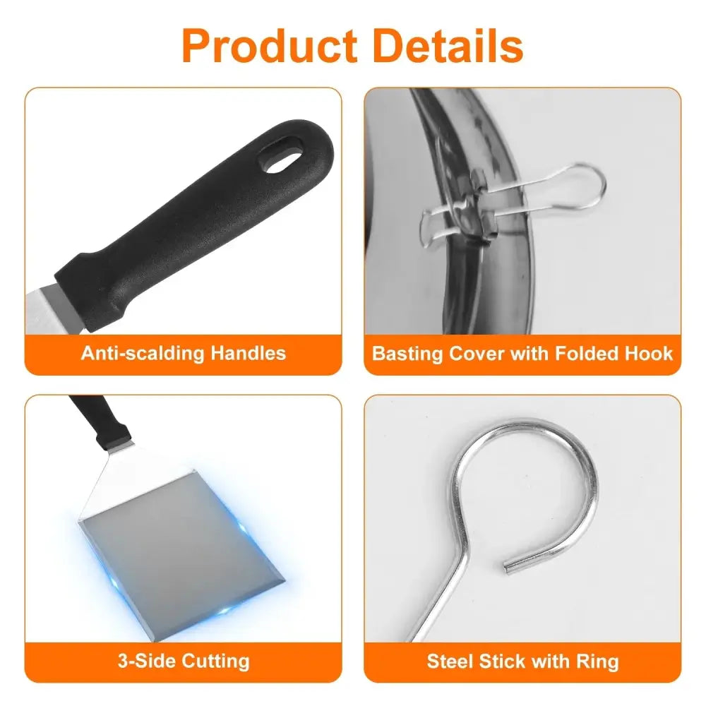 Black-handled spatula with stainless steel blade and anti-scalding handle from 31 piece stainless steel griddle set