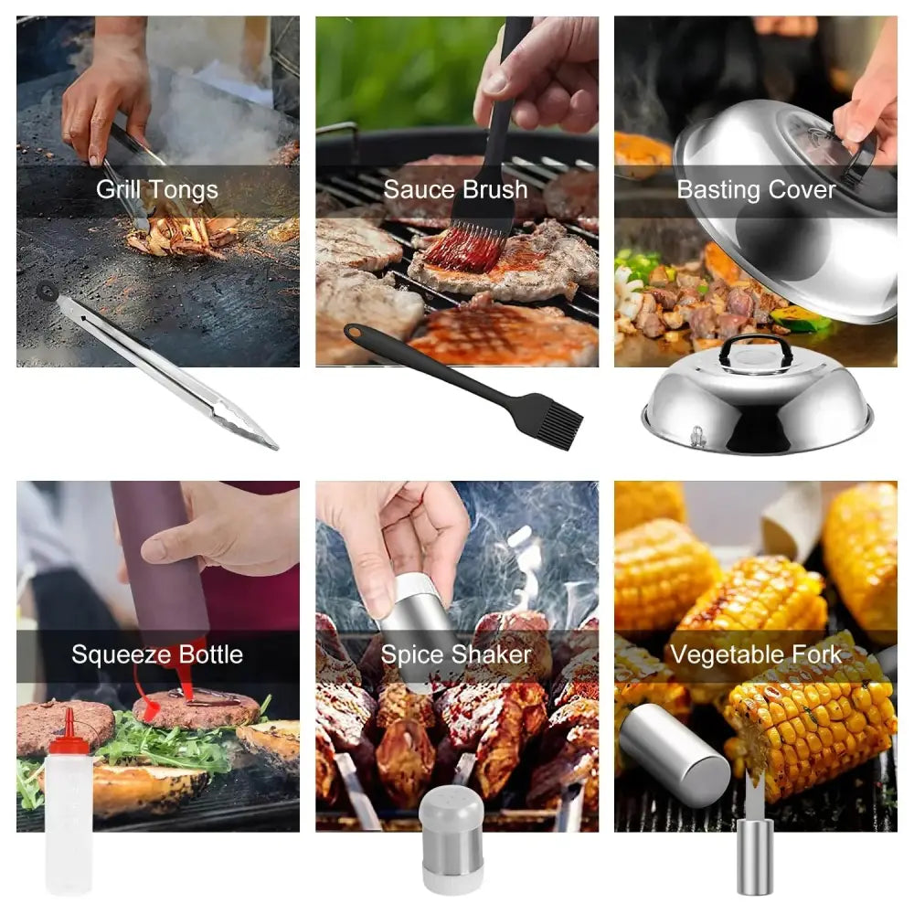 A set of stainless steel grill tools including tongs, sauce brush, basting cover, squeeze bottle, spice shaker, and vegetable fork from the 31 piece stainless steel flat top griddle accessory set