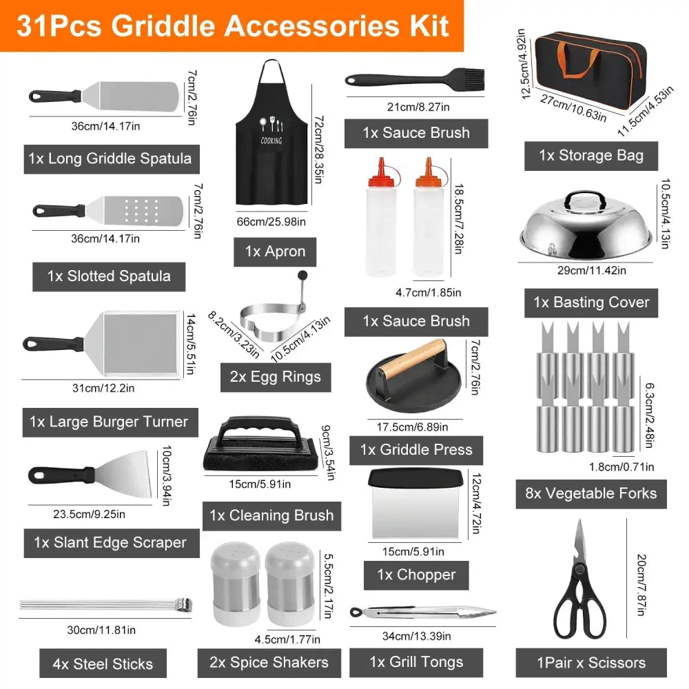 31 piece stainless steel flat top griddle accessory set with black and orange storage bag and silver basting cover