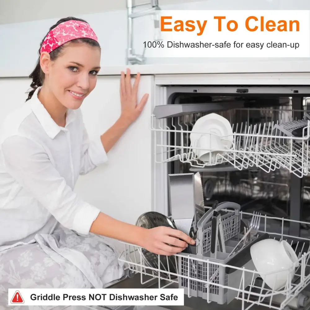 White ceramic dinnerware arranged neatly on dishwasher rack shown with 31 piece stainless steel flat top griddle set