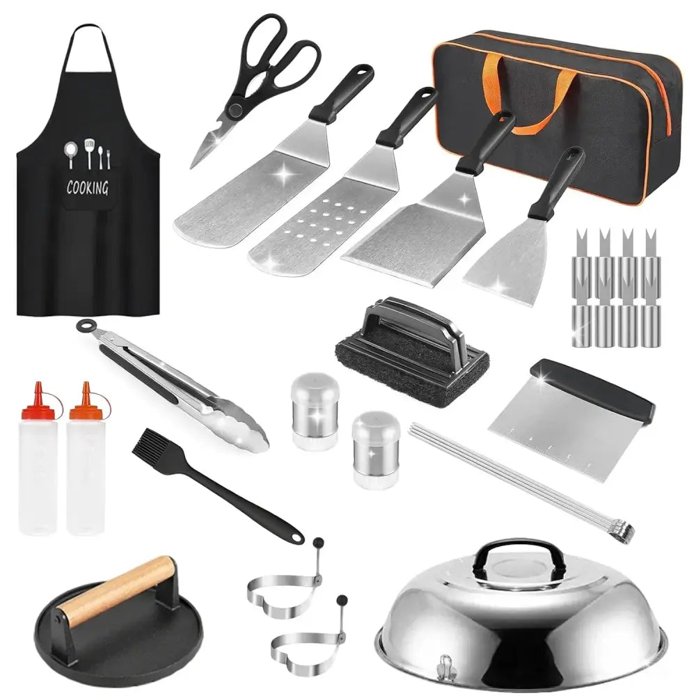 31 piece stainless steel flat top griddle accessory set with black handled spatulas tongs brushes and a chrome lid