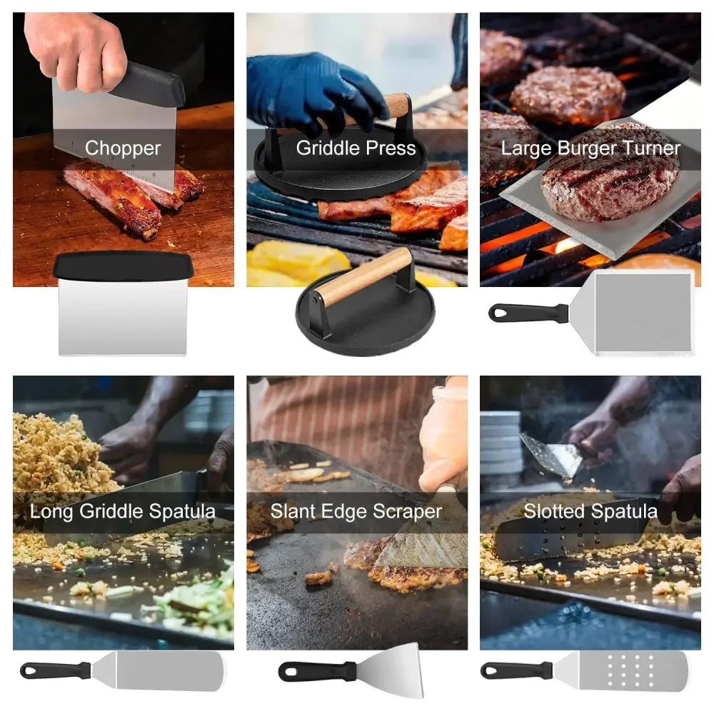Black and stainless steel griddle press with wooden handle from 31 piece stainless steel flat top griddle accessory set