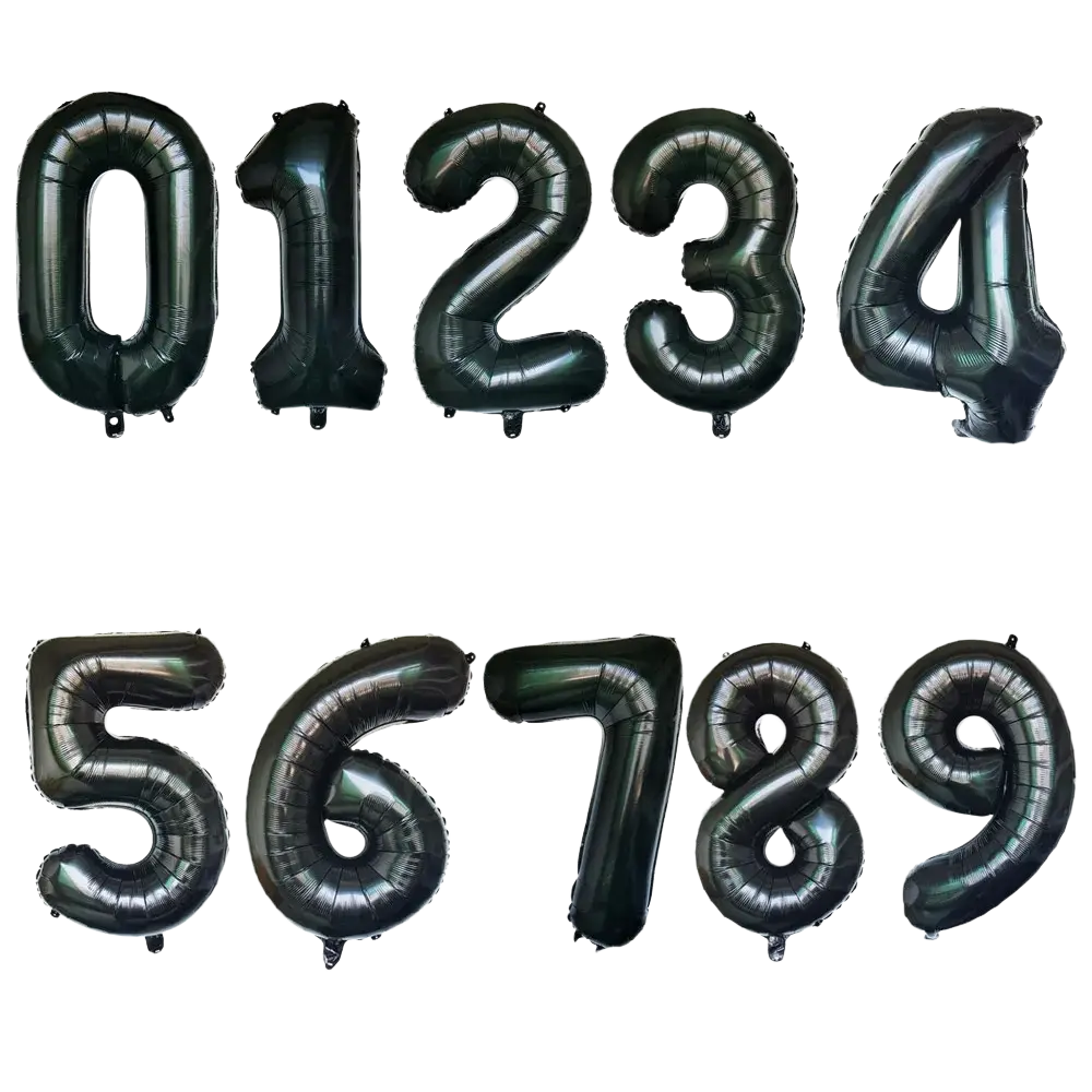 Black metallic foil balloons shaped like numbers 0 to 9 for 32 inch purple number birthday party decoration