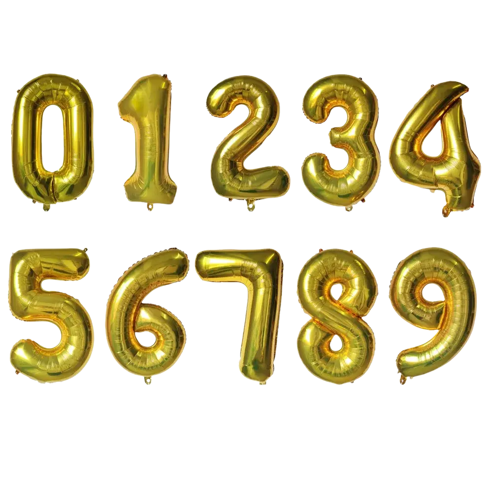 Golden foil balloon numbers zero to nine in a 32 inch purple number birthday party balloon set