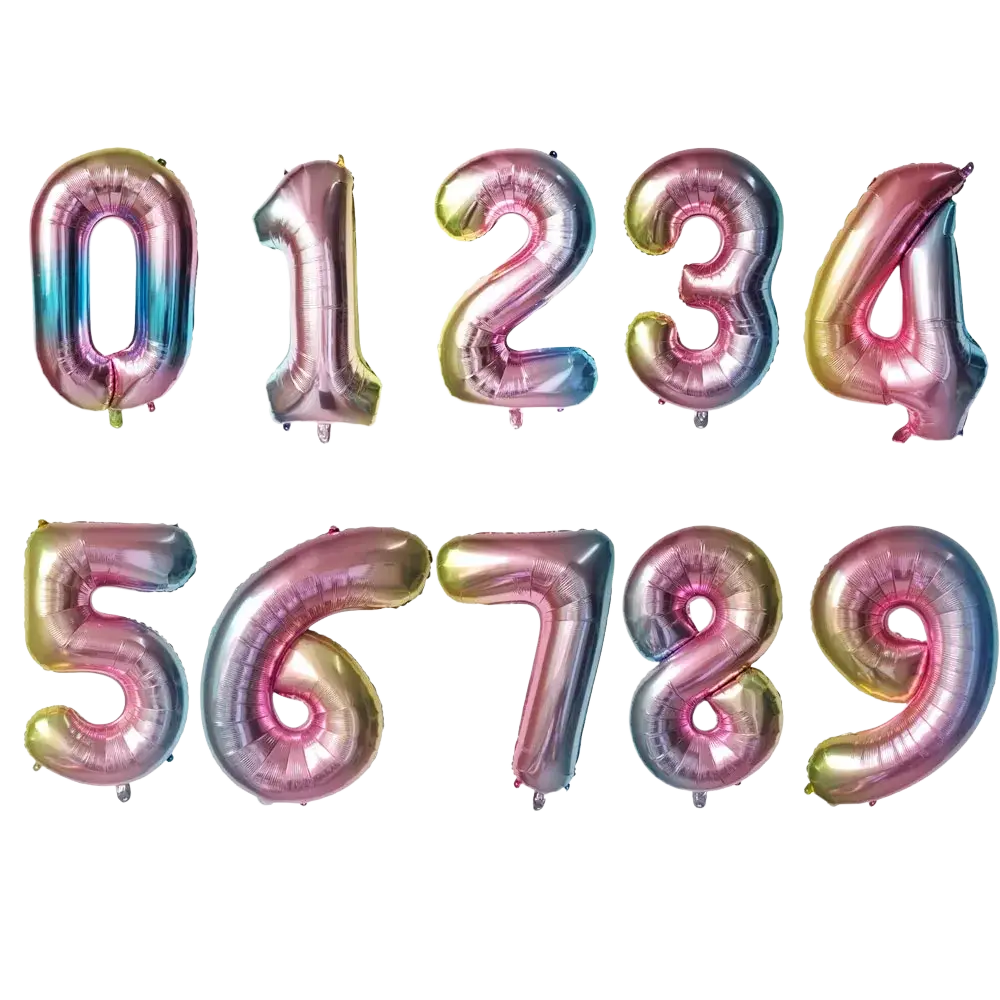 Shimmering iridescent 32 inch purple number birthday party foil balloons in pink gold and blue gradient hues