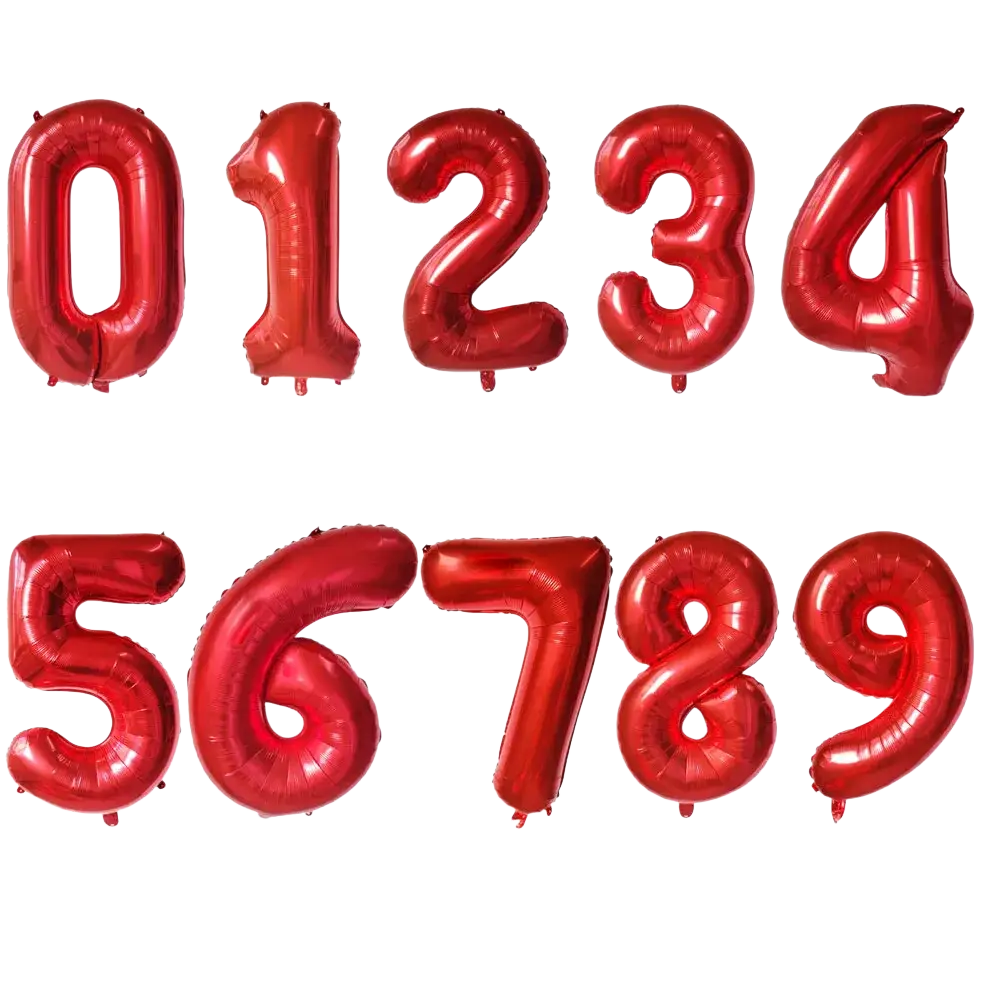 32 inch purple number birthday party balloon set featuring red metallic foil balloon numbers from 0 to 9