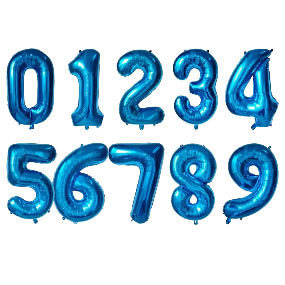 Set of ten shiny blue metallic foil balloons shaped as numerals 0 to 9 for 32 inch purple number birthday party
