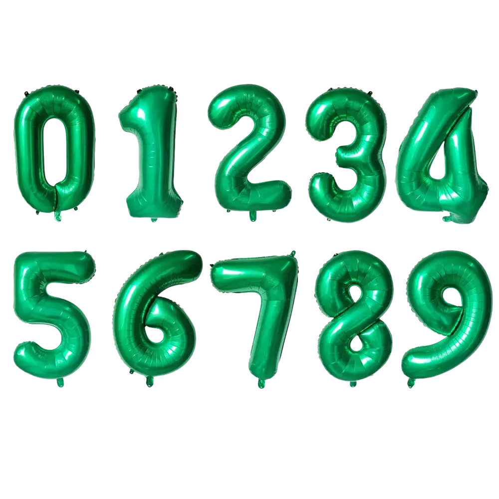 Set of ten shiny green metallic foil number balloons shaped 0 to 9 for 32 inch purple number birthday party balloon