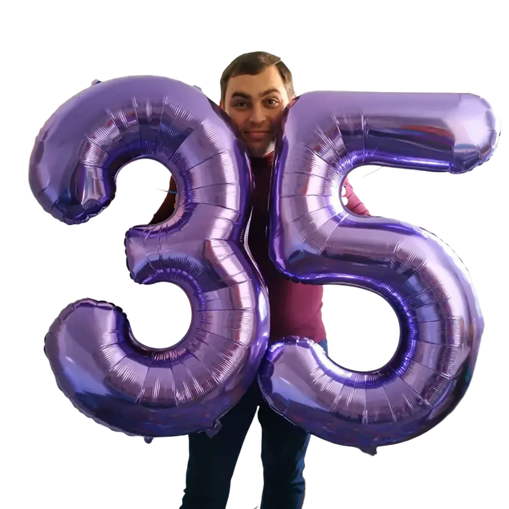 Shiny purple metallic foil balloon shaped like number 35 for birthday party decoration 32 inch size