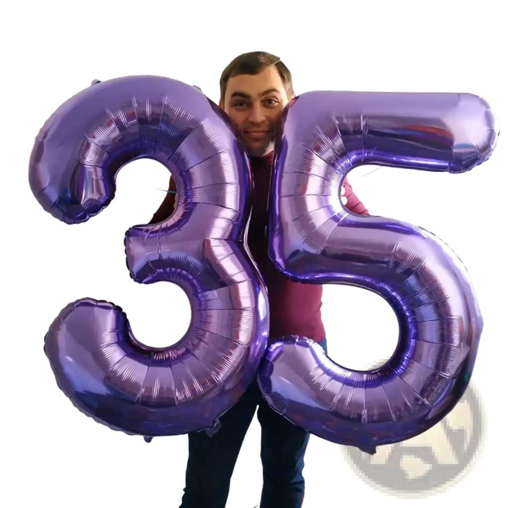 Shiny purple metallic foil balloon shaped like number 35 for birthday party decoration 32 inch size