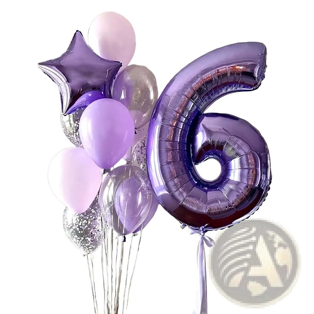 A 32 inch shiny metallic purple number six birthday party balloon with a satin ribbon tied at its base