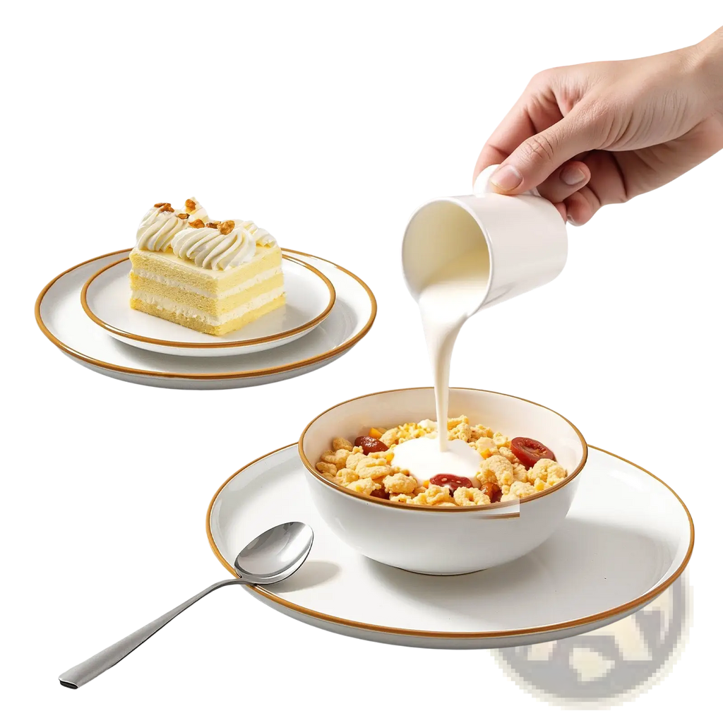 White ceramic milk jug with smooth glossy finish and subtle gold rim from 32 pcs white ceramic dinnerware set service for 8