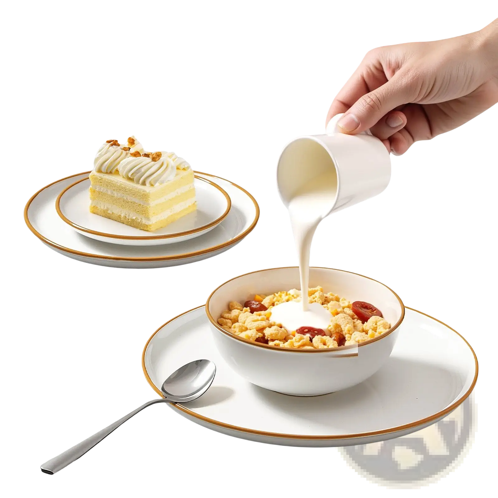 White ceramic milk jug with smooth glossy finish and subtle gold rim from 32 pcs white ceramic dinnerware set service for 8