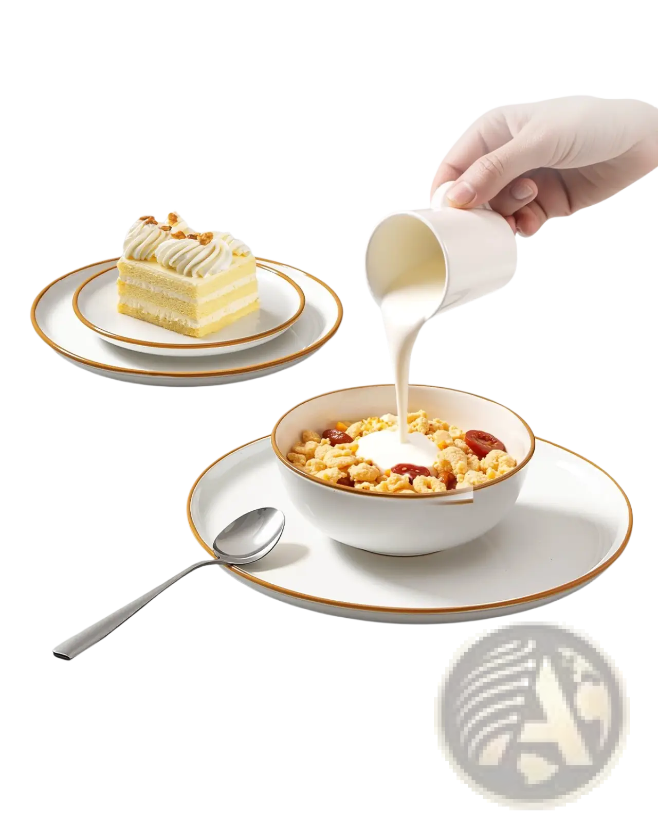 White ceramic bowl with gold rim filled with cereal and milk from 32 pcs white ceramic dinnerware set service for 8
