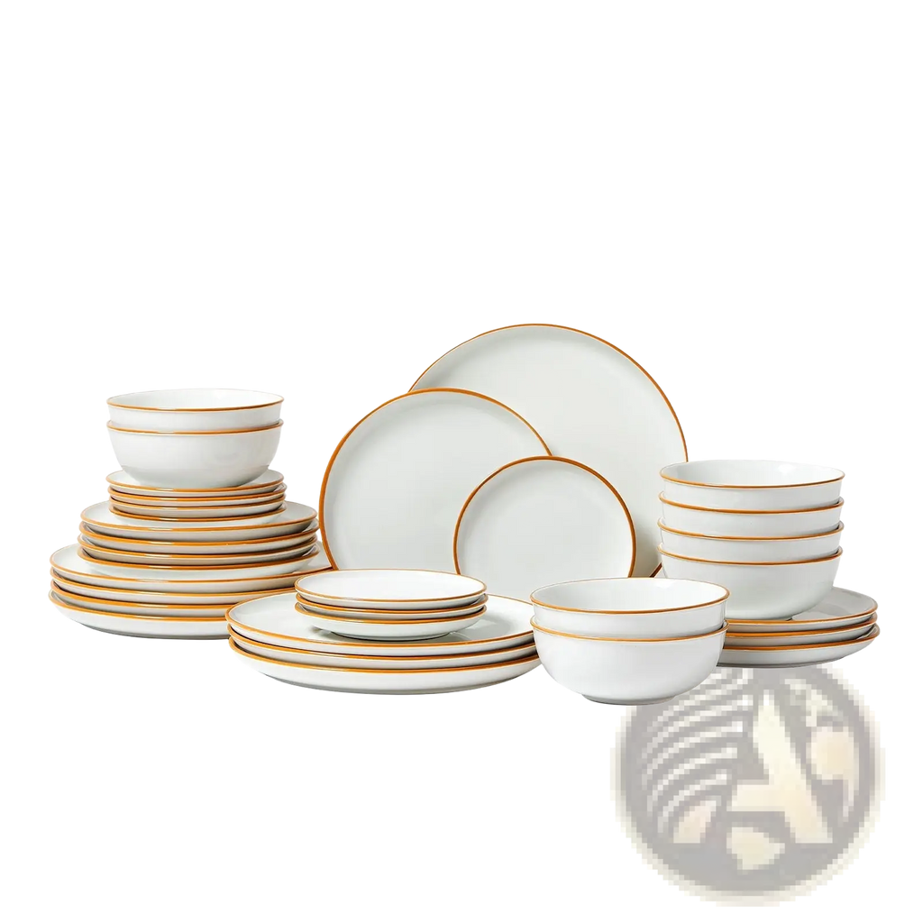 32 pcs white ceramic dinnerware set with elegant gold rims service for 8 for formal dining use