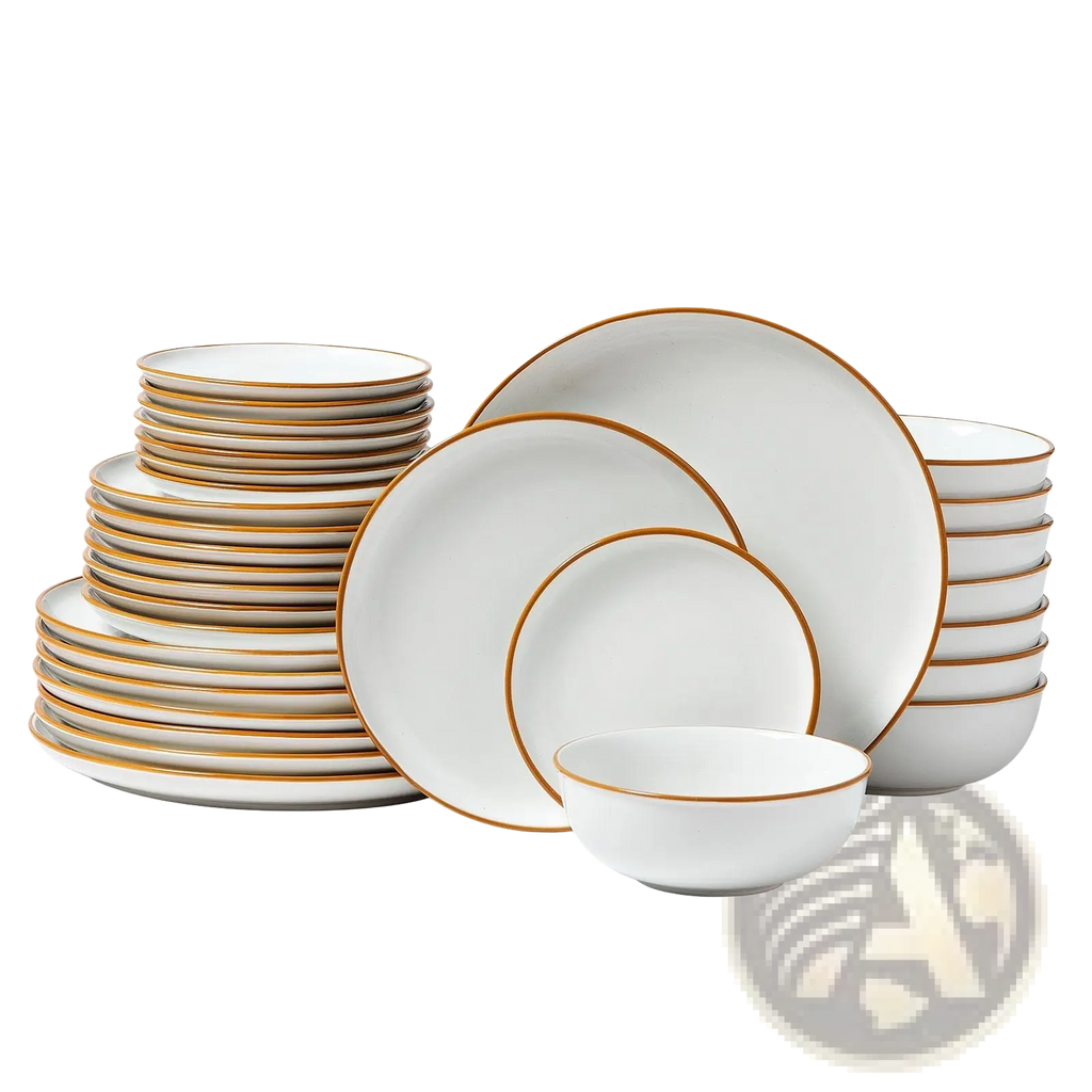 32 pcs white ceramic dinnerware set with elegant gold rims service for 8 for formal dining use