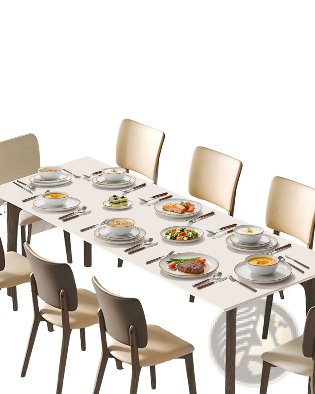 Modern white ceramic dinnerware set for 8 with sleek minimalist dining table featuring sturdy dark metal legs