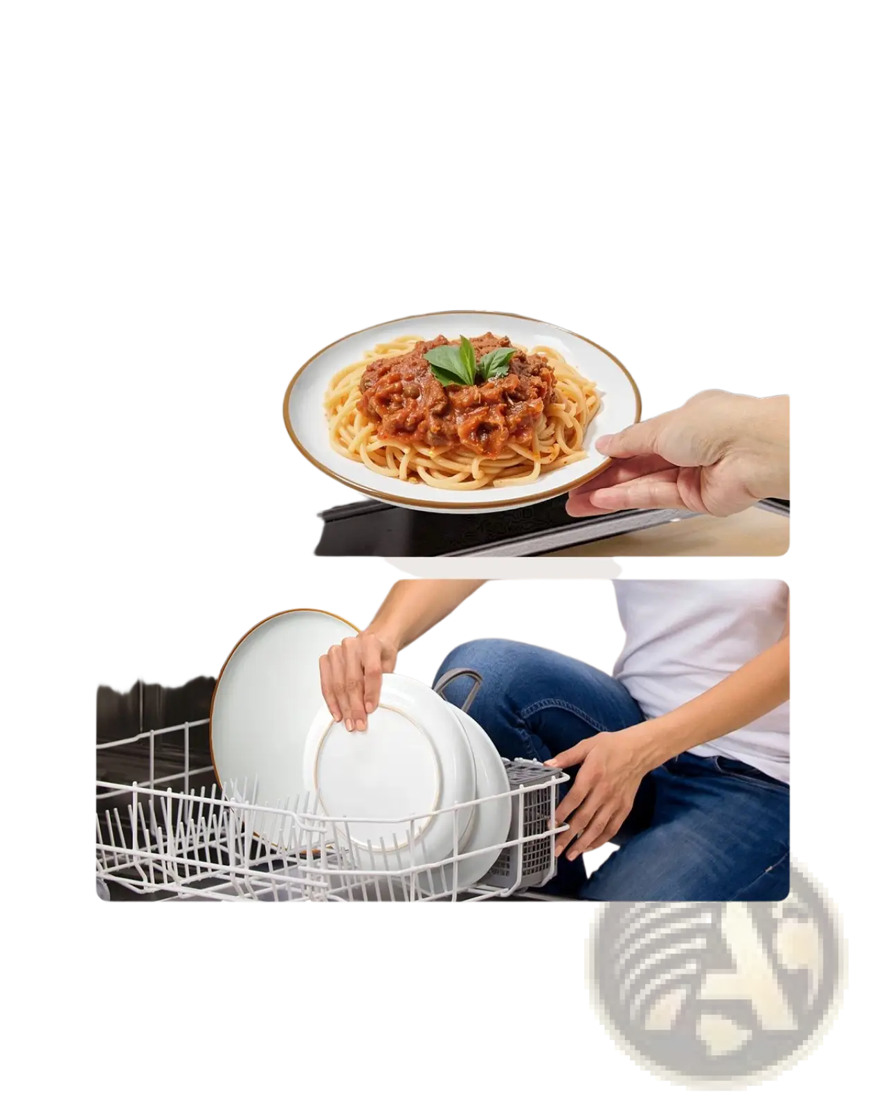 White ceramic dinnerware set service for 8 with 32 pcs featuring white plate with gold rim and spaghetti meat sauce garnished basil