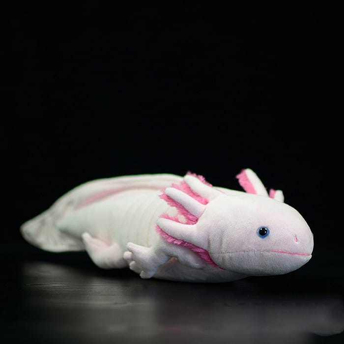 Axolotl-Plüschtier als weiche sechseckige Dinosaurier-Puppe, 50 cm, mit einem weichen weißen Stoff, rosa Kiemen und einem blauen Auge.