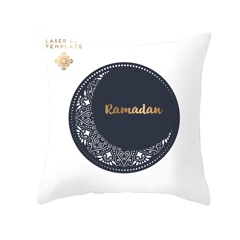 Cojín decorativo blanco con luna creciente azul marino, detalles intrincados de encaje blanco y la palabra ramadán en letras doradas tipo foil para la funda de cojín de Ramadán Kareem azul y oro para linterna Eid.