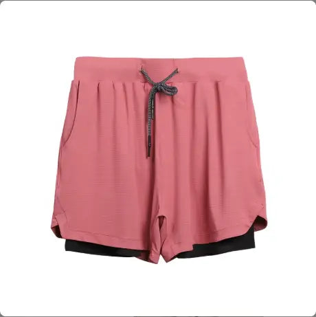 men’s 2-in-1 breathable quick dry athletic training shorts in pink featuring a black inner layer and a matching drawstring waistband.