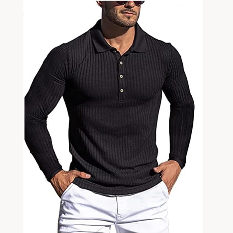 Men’s slim fit black ribbed knit long sleeve polo shirt with a classic collar and button placket.