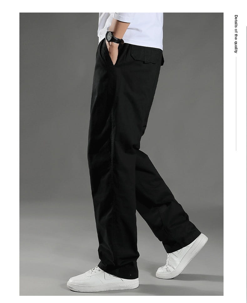Men’s Japanese style black cotton trousers with a relaxed fit, straight leg, and front pockets designed for workwear.