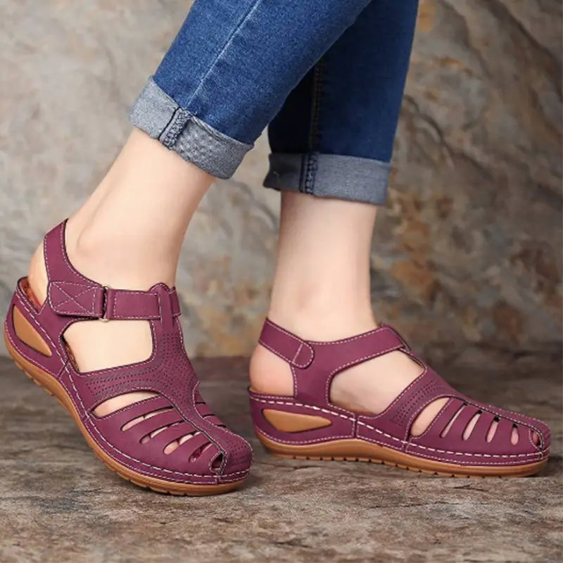 Purple leather retro wedge sandals for women with plus size featuring a T-strap design and cut-out details.