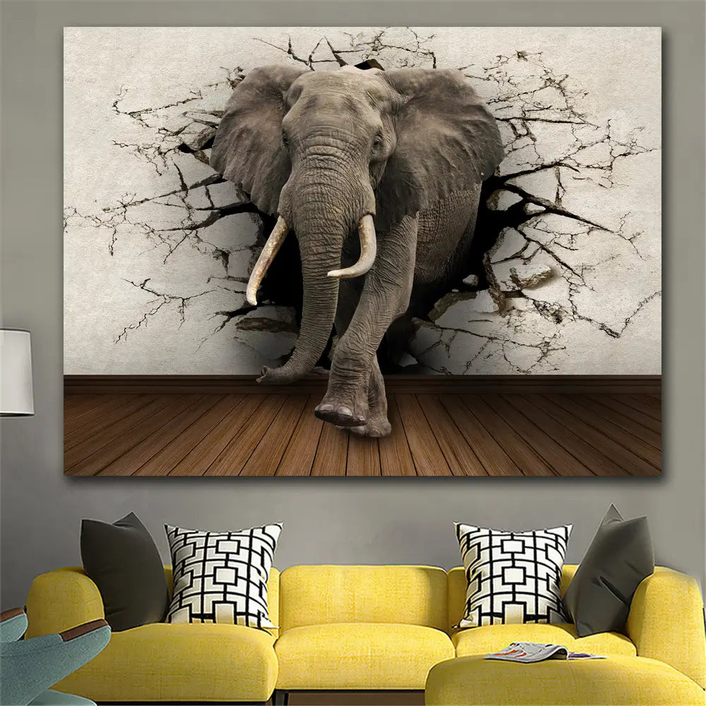 Grauer Elefant mit langen Stoßzähnen, der aus einer gerissenen Wand in einem 3D-Effekt-Leinwand-Print hervorkommt, Elefant 3D-Leinwand-Wandkunst, Wanddekor, das explodiert.