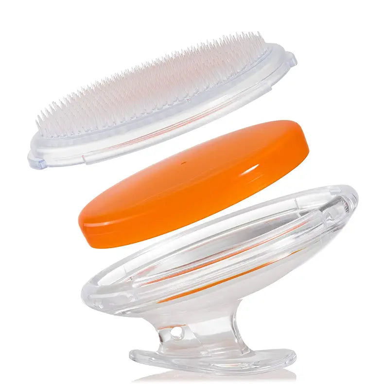 Scalp massage brush exfoliating hair meridian comb with clear plastic body, orange accent, and white bristles designed as a multi-part exfoliating brush.