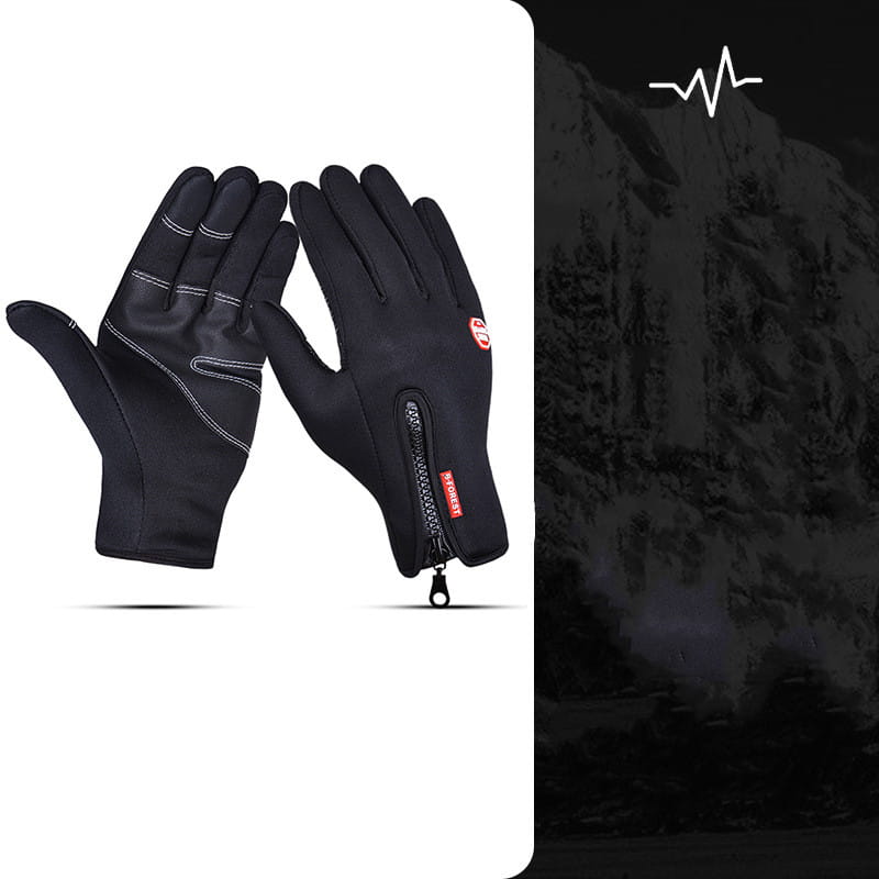 Black windproof touchscreen winter gloves for men and women with white stitching and a zipper on the wrist shown from the back side.