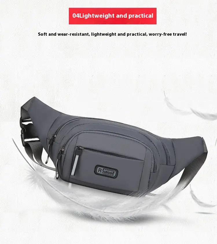 Men’s waterproof nylon multifunctional crossbody waist bag in gray r sport design with multiple zippered compartments and a soft lightweight construction.