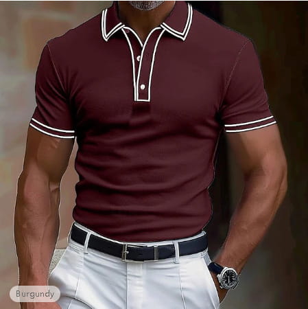 Men’s business casual modal polo shirt in burgundy with white contrast trim on collar and sleeve cuffs.