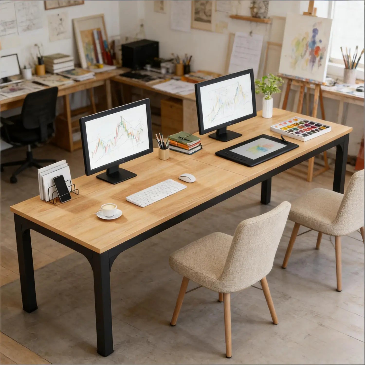 Plateau de bureau en bois clair de 78 pouces, bureau de direction double poste de travail, avec des pieds en métal noir et un design minimaliste.