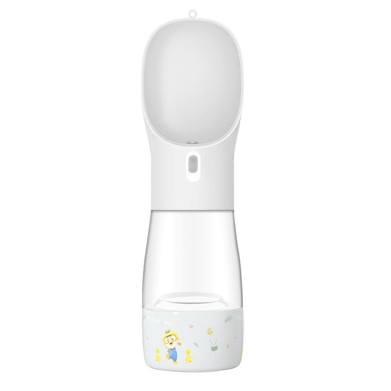 Gourde pour animaux domestiques blanche et transparente avec un design de personnage de dessin animé sur la base, pour une alimentation en eau portable du chien et une commodité de voyage, capacité 458 ml.