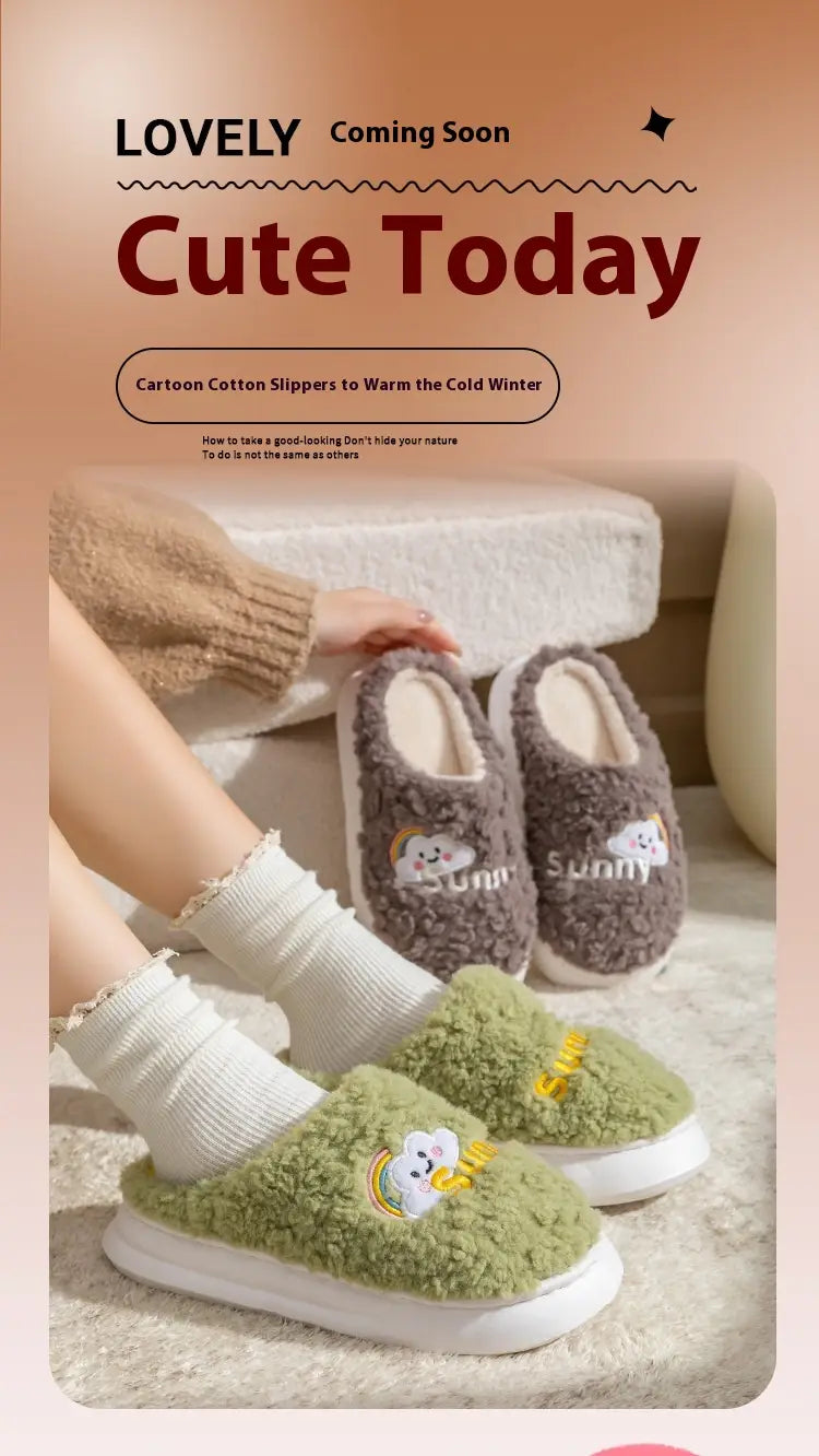Soft green fuzzy cotton slippers featuring embroidered cloud and rainbow design in the smiling cloud and rainbow plush cotton slippers product.