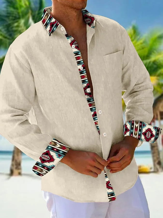 Men beige linen shirt featuring a colorful geometric patterned collar cuffs and placket.