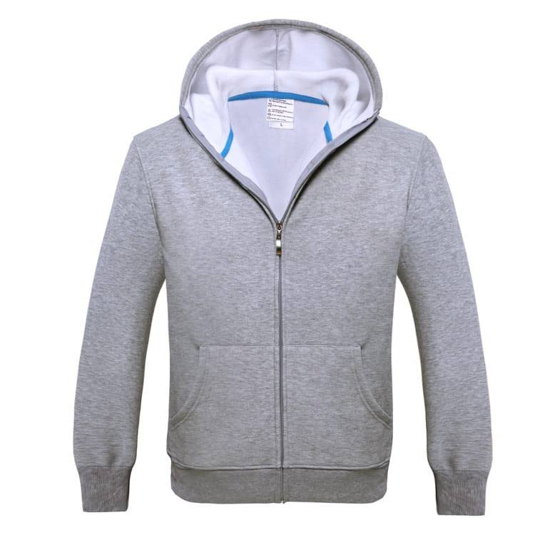 Men’s contrast trim fleece zip hoodie in gray heather with white interior lining and blue trim along the collar.