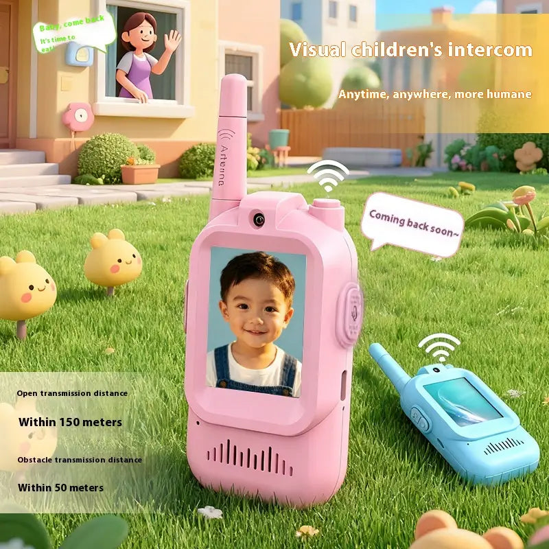 Pink kids video walkie talkie 2 pack rechargeable intercom phone with camera and screen displaying a child’s face featuring rounded edges and a matching antenna.