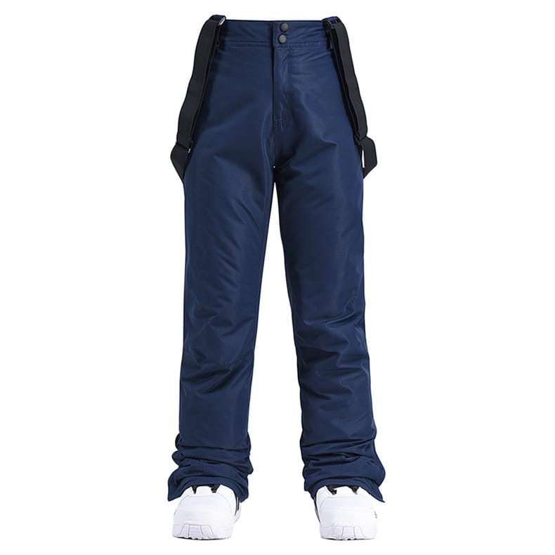 Men waterproof thermal snow pants in navy blue with black adjustable suspenders and button closure designed for cold weather use