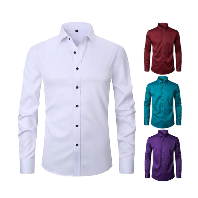 Ein langärmliges Hemd aus Stretch-Satin für Herren in Slim-Fit-Passform in Weiß mit schwarzen Knöpfen und einem klassischen Kragen.