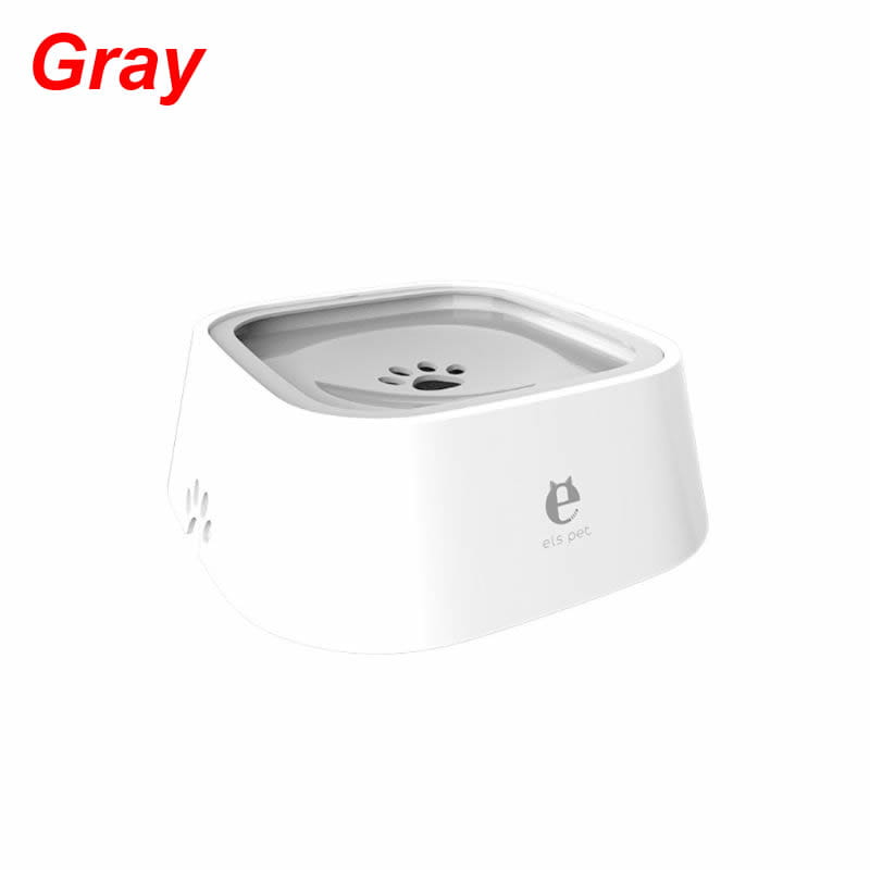 White plastic anti-splash pet floating water bowl with 1.5 liter capacity and gray metallic top featuring paw print cutouts and eis pet logo on its side.